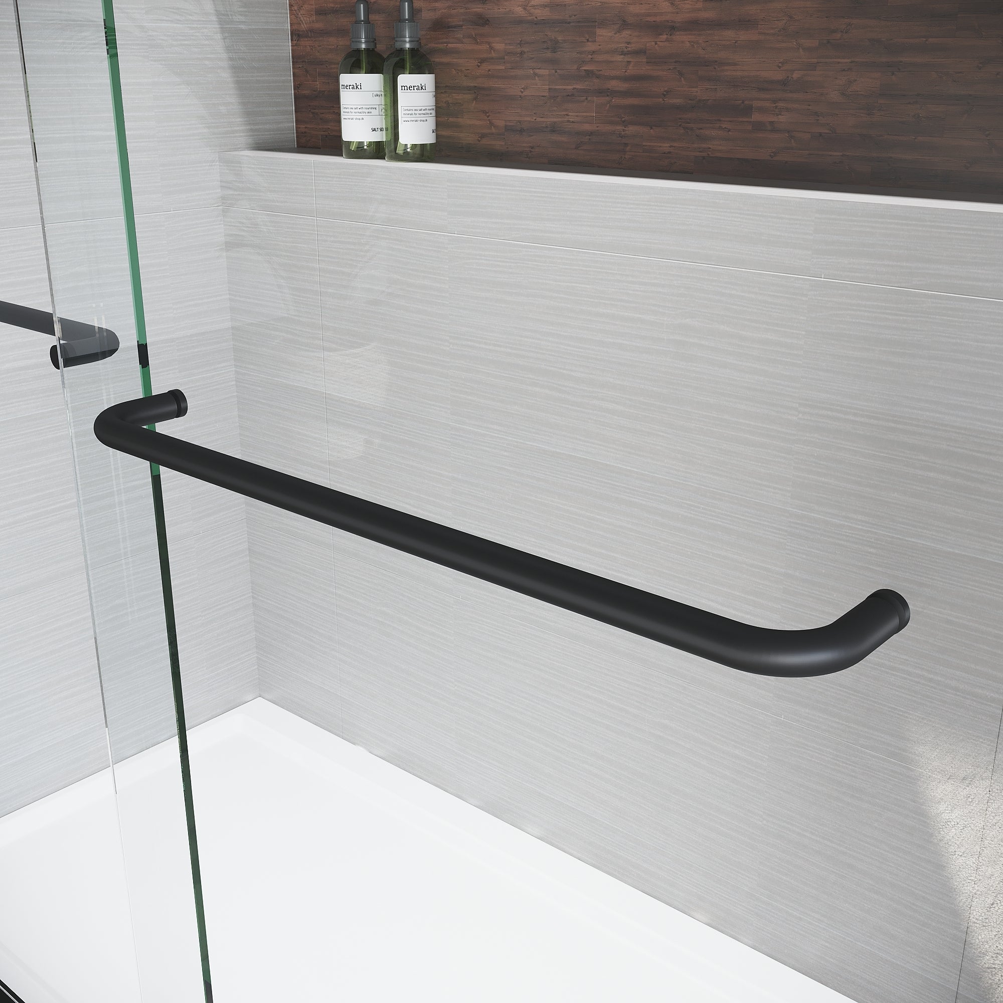 Matte black semi-frameless sliding shower door with clear tempered glass — image 7