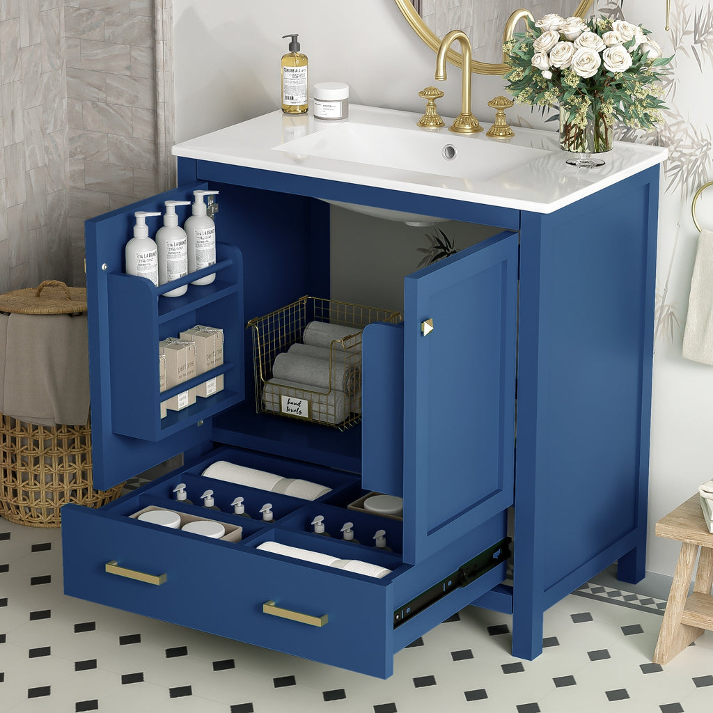Blue bathroom vanity with white ceramic sink and soft-close doors — image 5