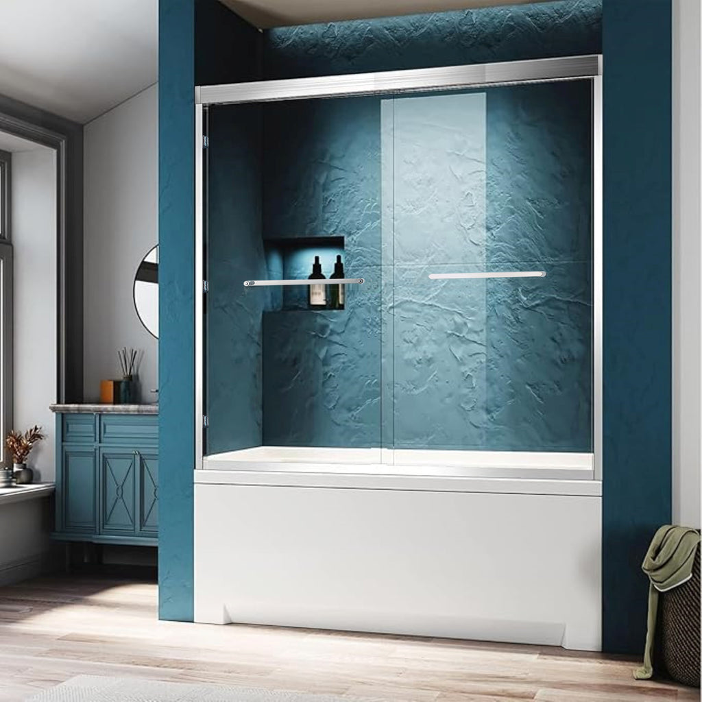 KZG 56-60 inch double sliding tub shower door in chrome aluminum with clear tempered glass — image 1