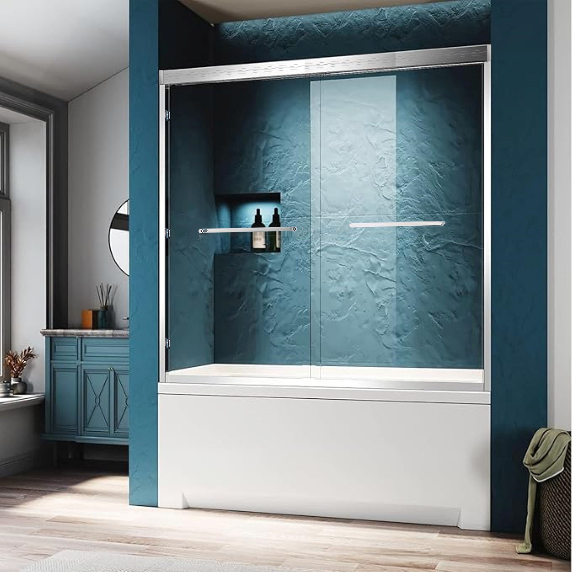 KZG 56-60 inch double sliding tub shower door in chrome aluminum with clear tempered glass — image 1