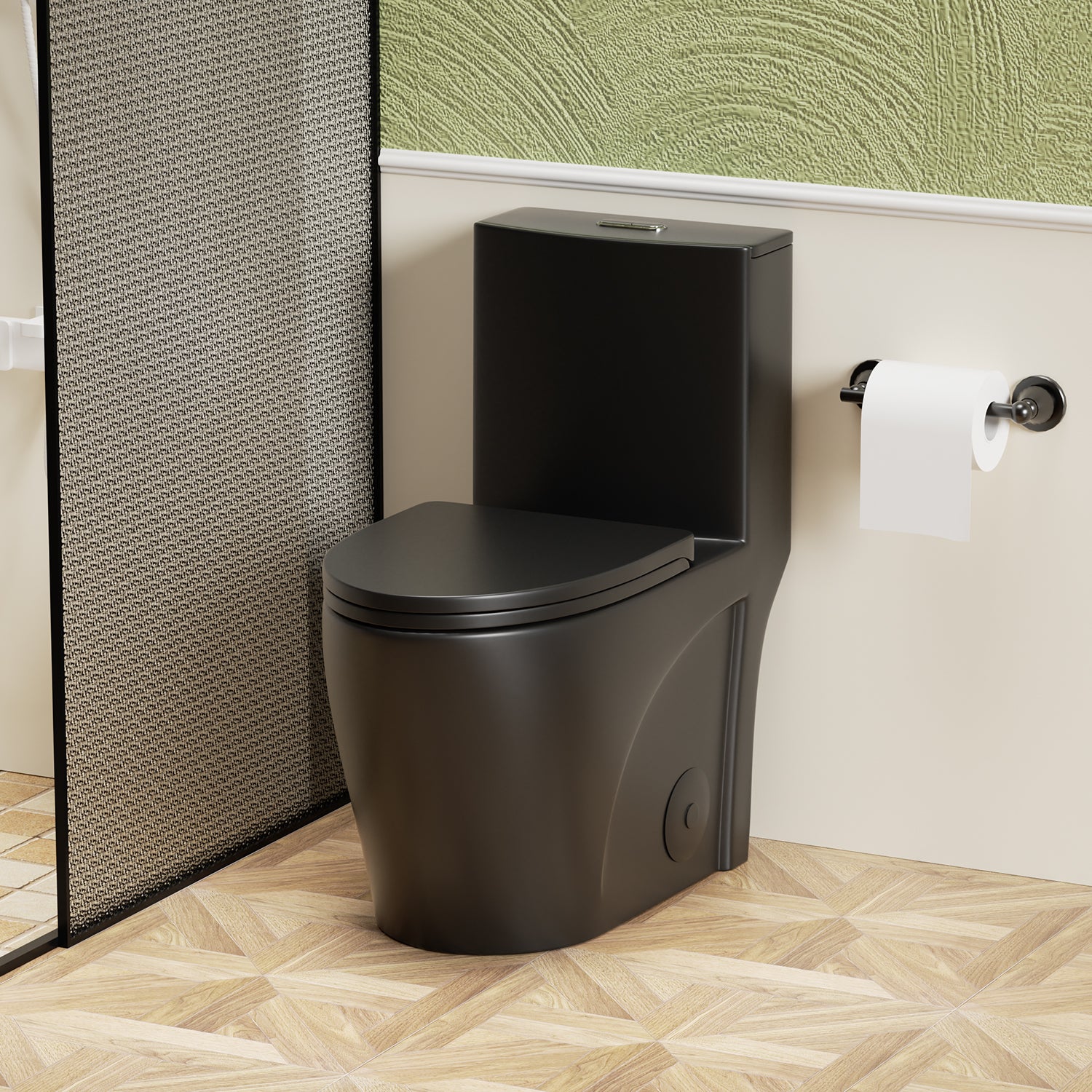 Matte black one-piece toilet with ADA comfort height — image 2