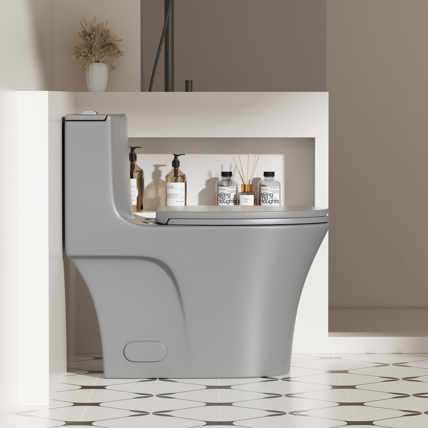 KZG light gray ceramic ADA-height one-piece toilet with tornado flush and soft-closing seat — image 5