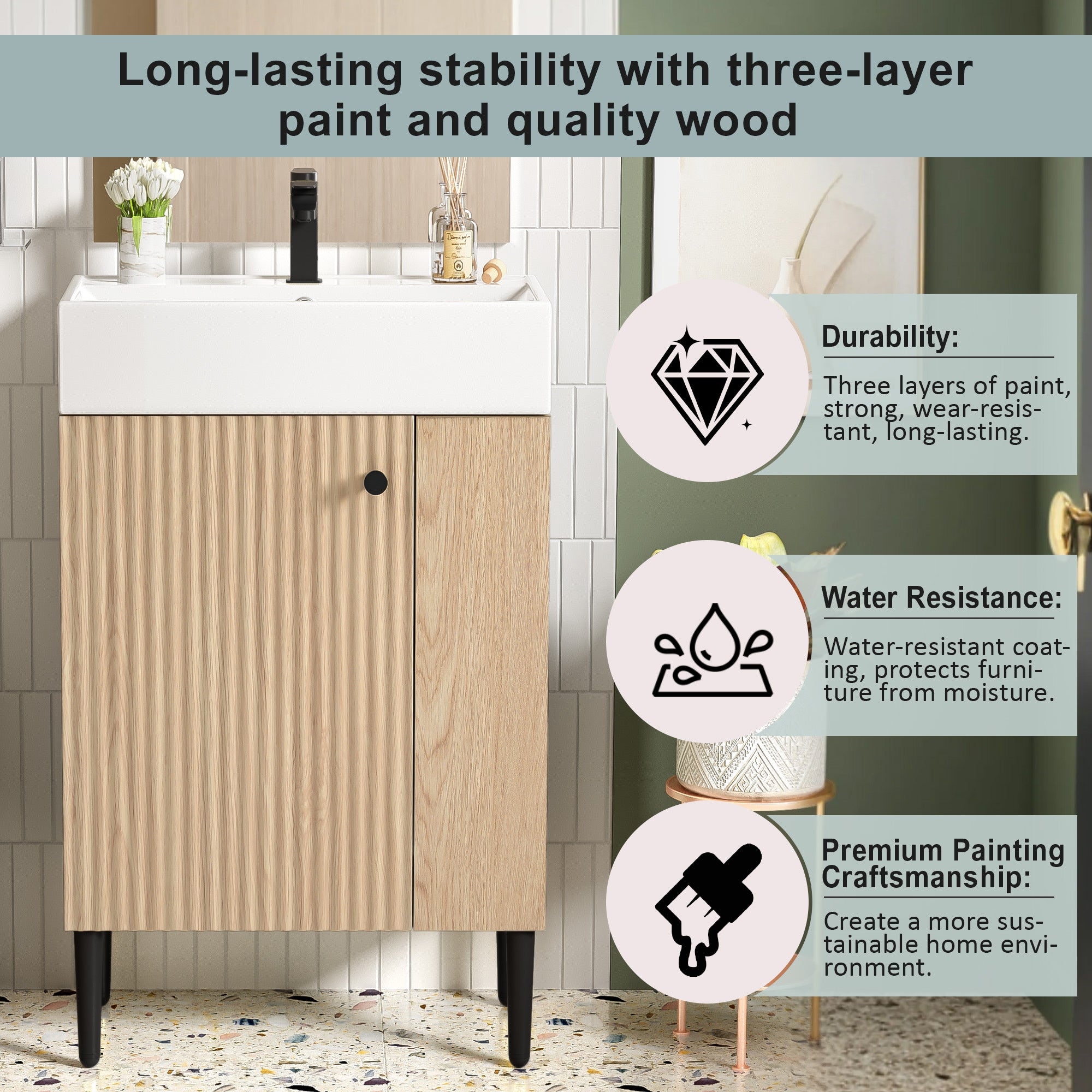 KZG modern wood bathroom vanity with ceramic sink and gold legs, right-side storage — image 6