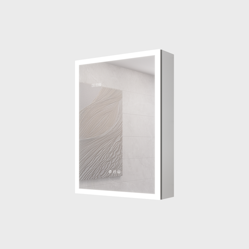 KZG 28x20 inch silver aluminum LED medicine cabinet with defogger and digital clock display — image 1
