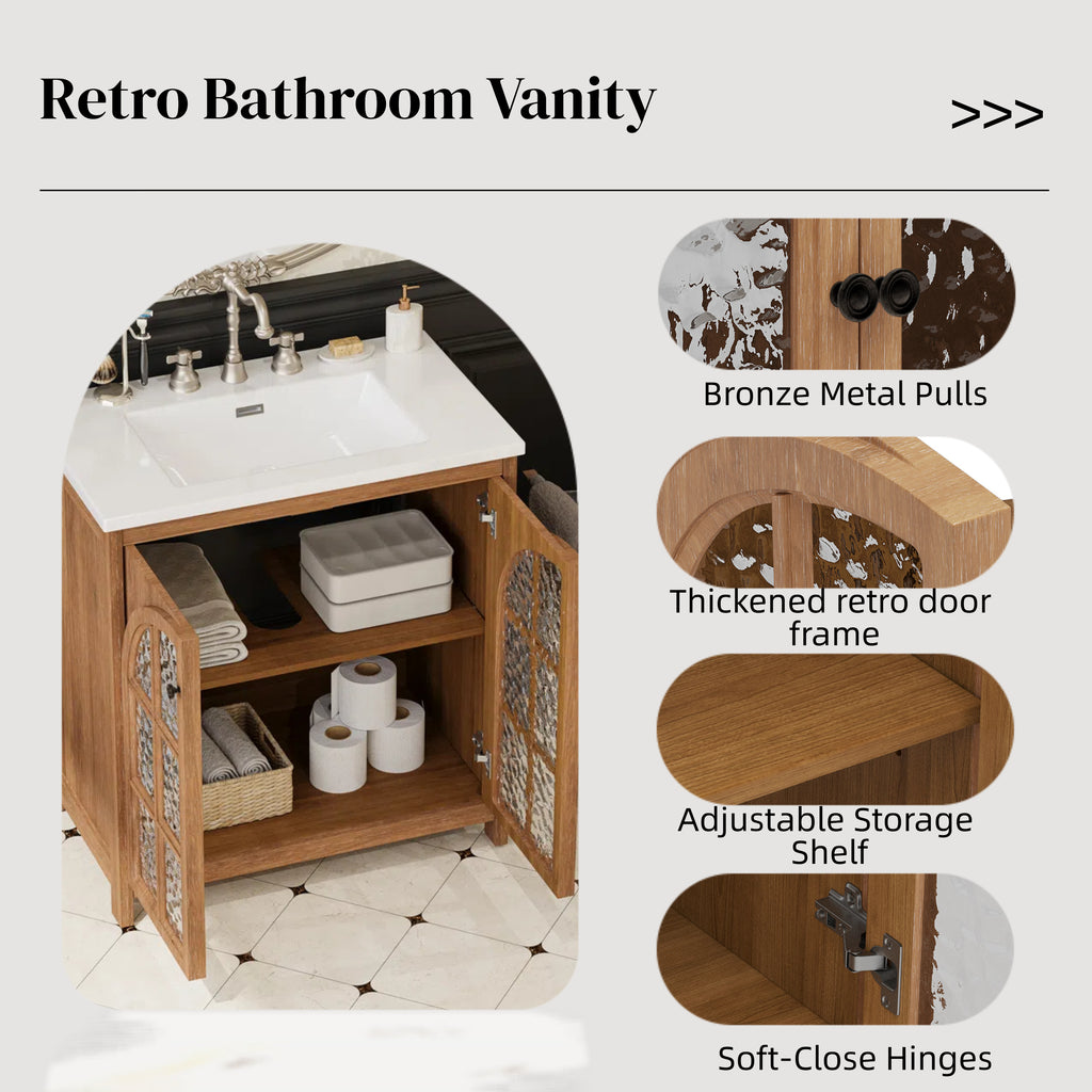 KZG 31 inch vintage rustic bathroom vanity with ceramic sink in antique natural finish — image 6
