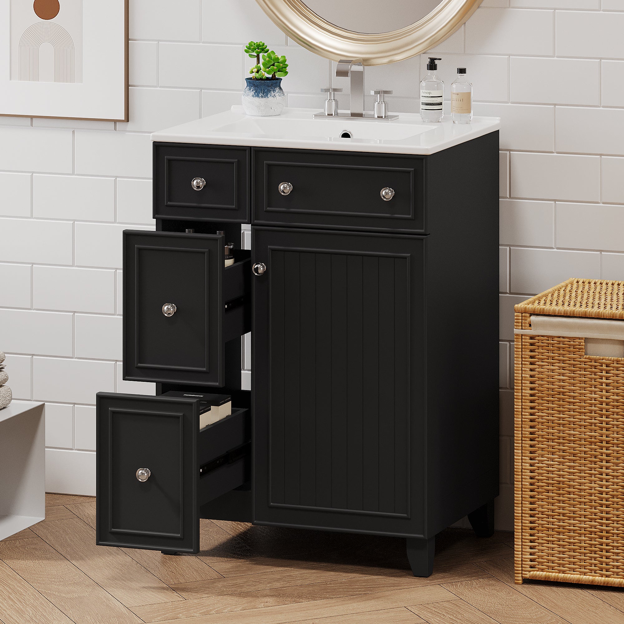 Black 24-inch transitional bathroom vanity with ceramic sink and gold handles — image 5