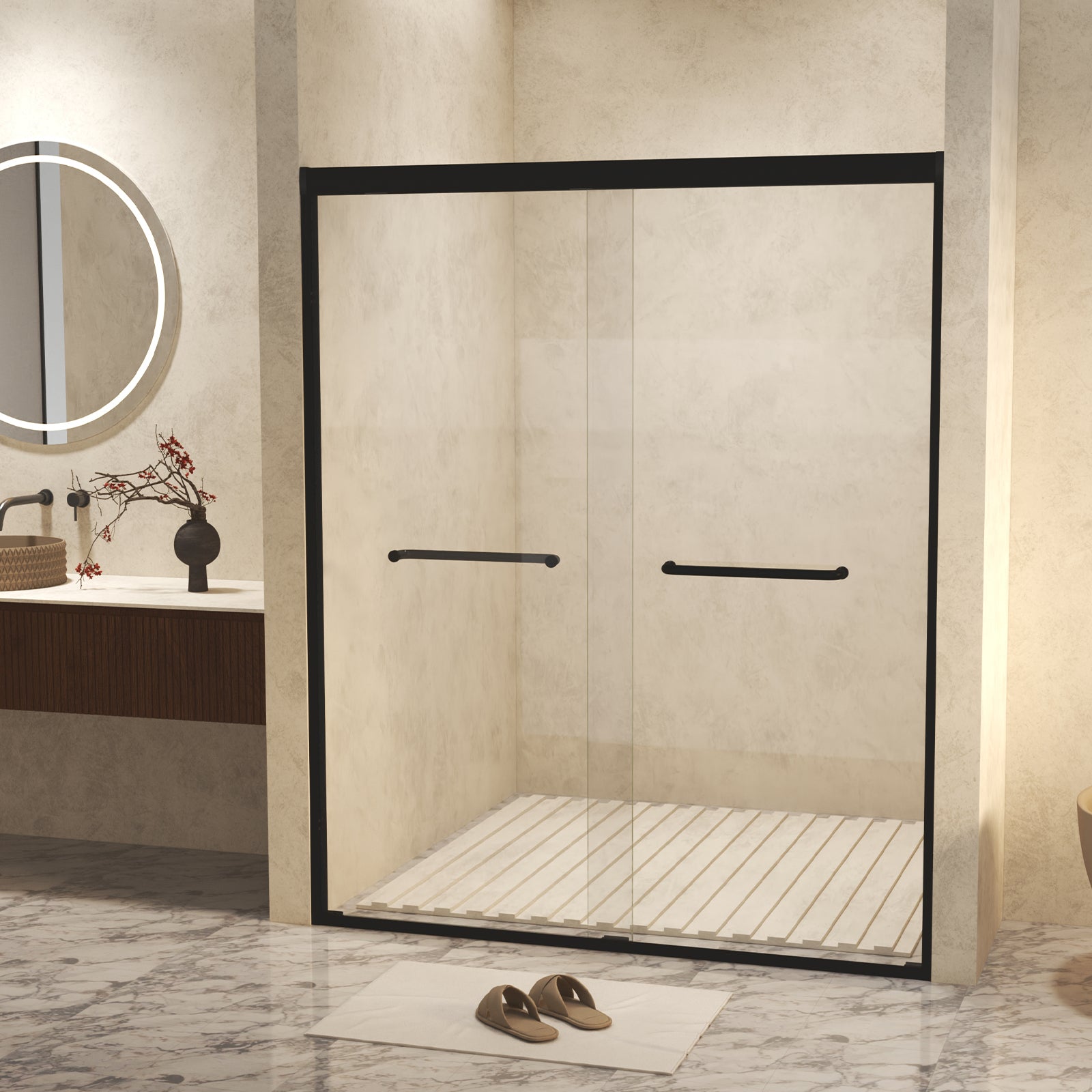 Matte black aluminum frame sliding shower door with tempered glass — image 5