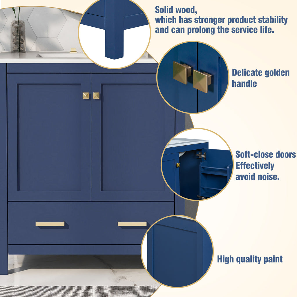 Blue bathroom vanity with white ceramic sink and soft-close doors — image 6