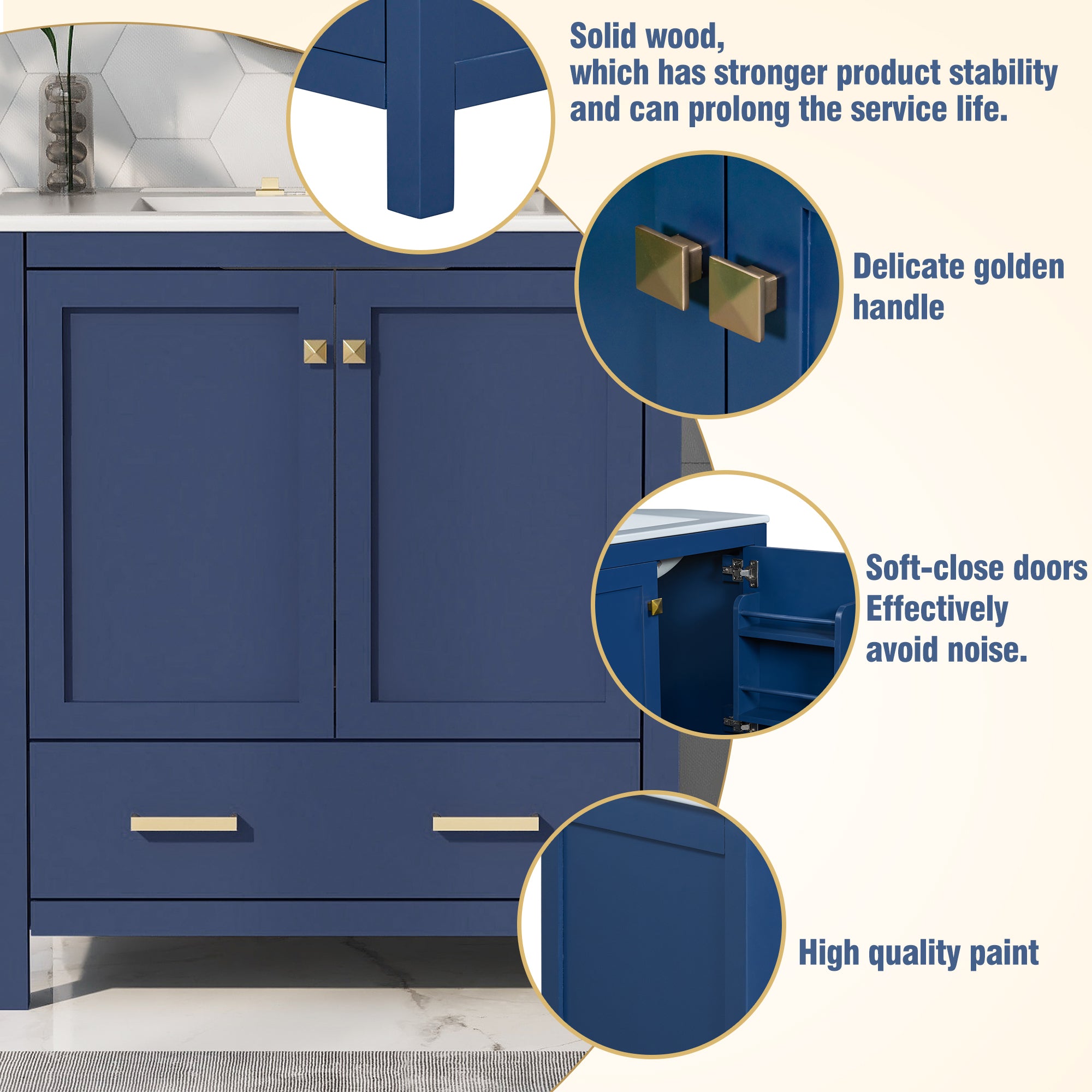 Blue bathroom vanity with white ceramic sink and soft-close doors — image 6