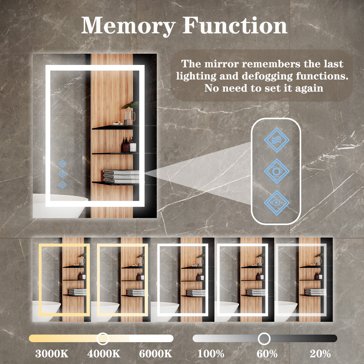 KZG 48in. x 36in. silver LED bathroom mirror with dimmable dual lighting and anti-fog coating — image 7