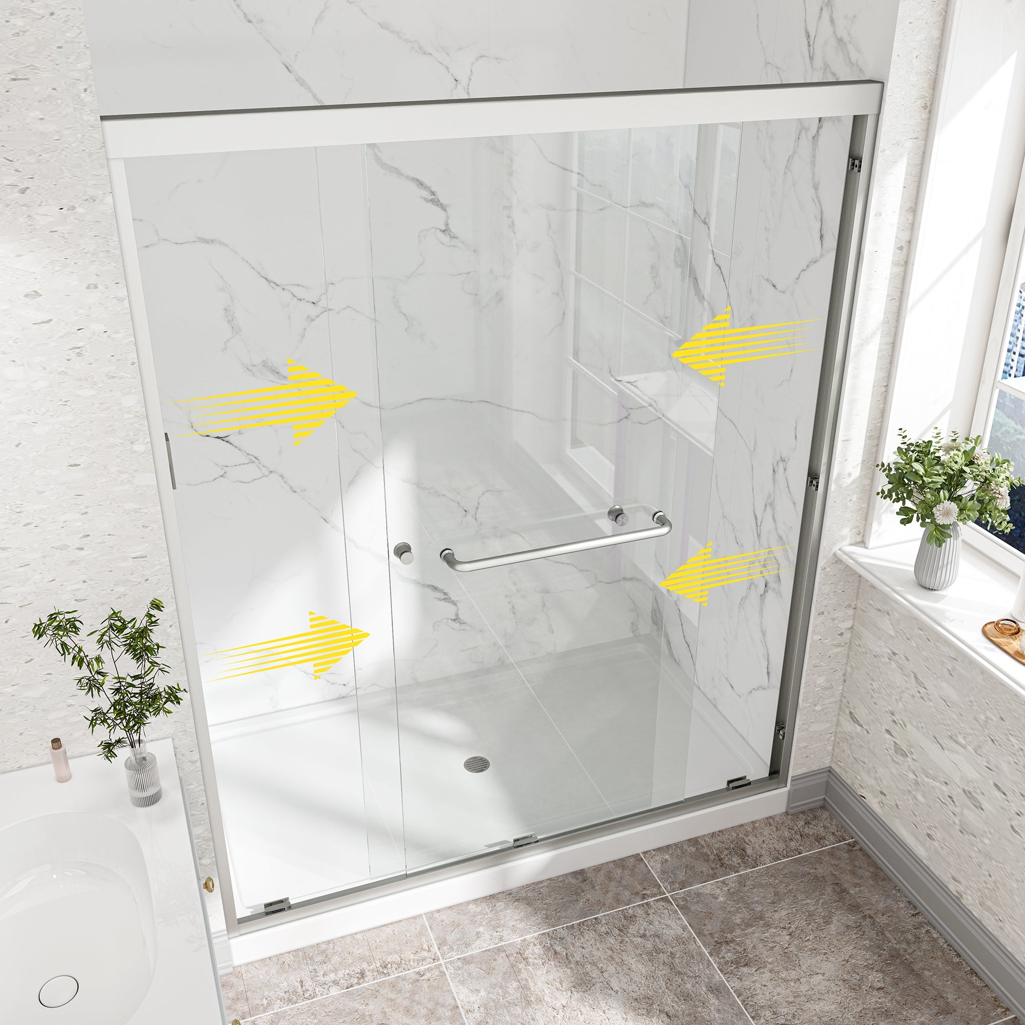 KZG 55–60 in. brushed nickel reversible double bypass sliding shower door with tempered glass — image 2
