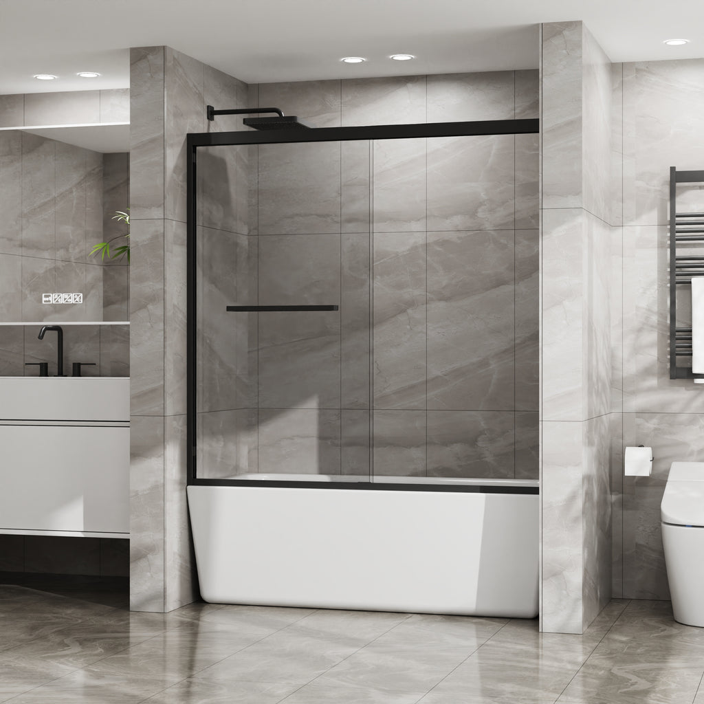 Matte black sliding shower door with clear tempered glass, 60 × 58 in. — image 5