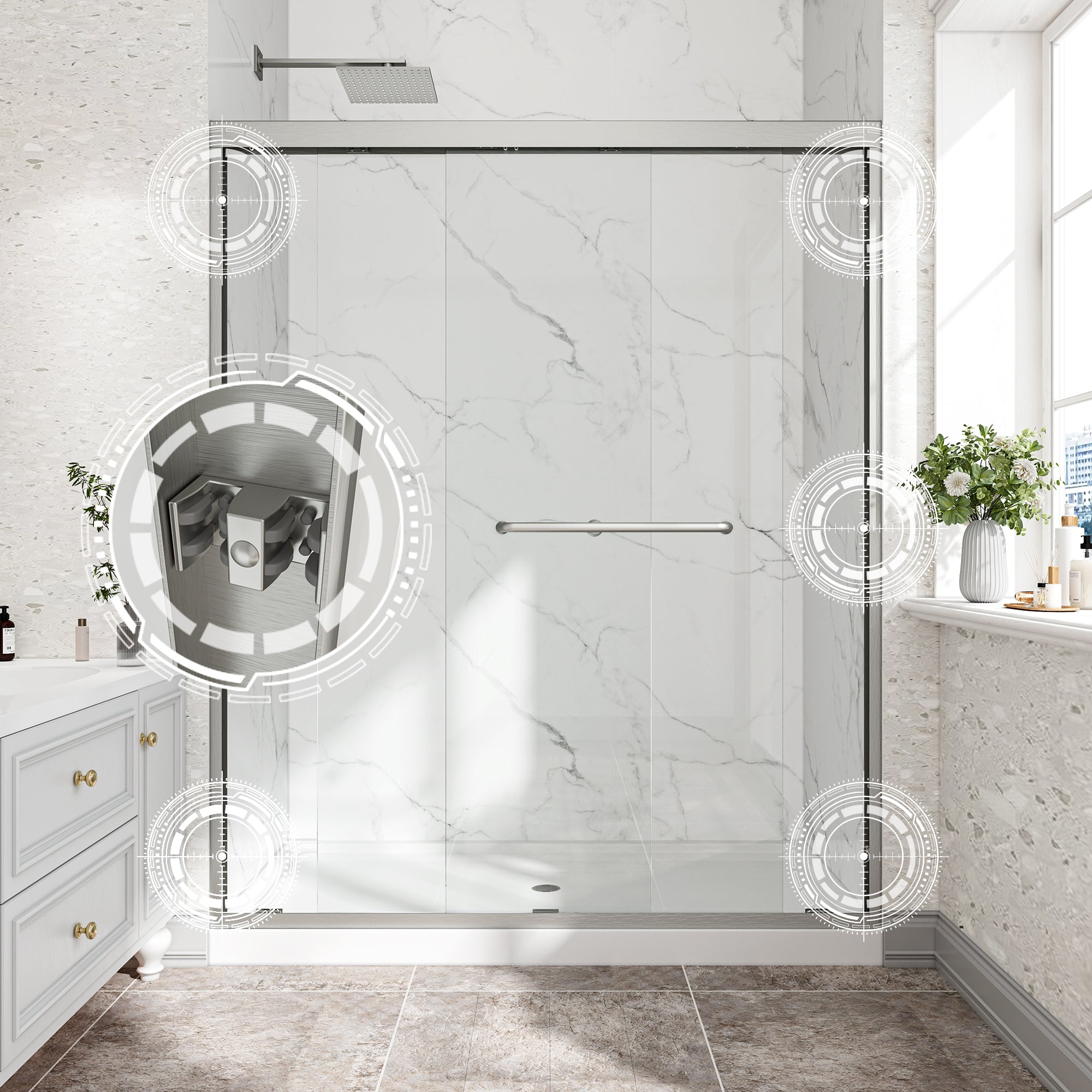 KZG 55–60 in. brushed nickel reversible double bypass sliding shower door with tempered glass — image 5