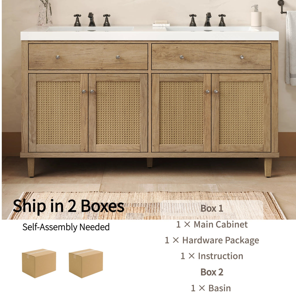 60-inch wood-finish double-sink vanity with SMC basins and storage — image 7