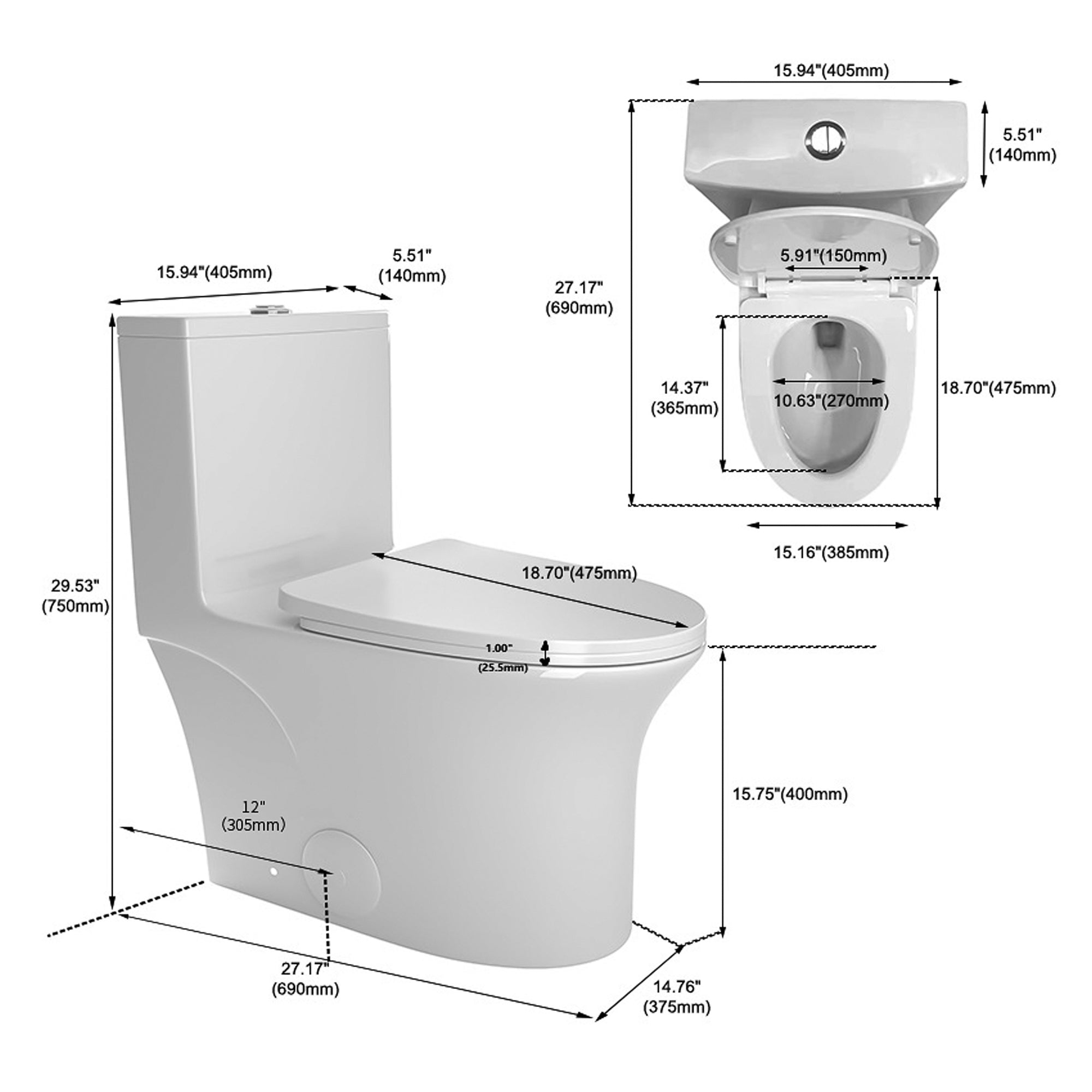 KZG elongated comfort height one-piece white ceramic toilet with soft close seat — image 6