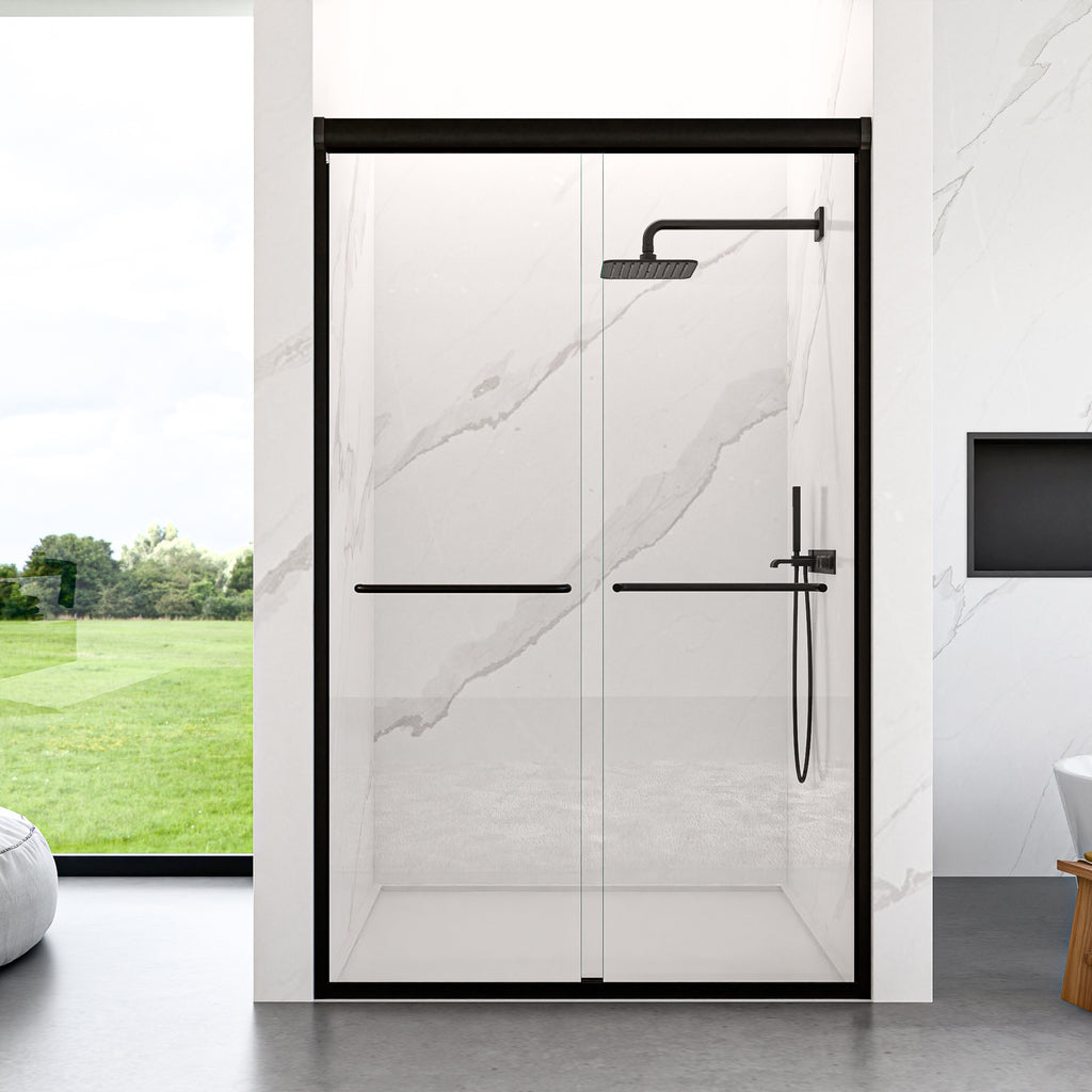 KZG matte black semi-frameless double sliding shower door with SGCC tempered glass, 44-48 in. width x 72 in. height — image 2