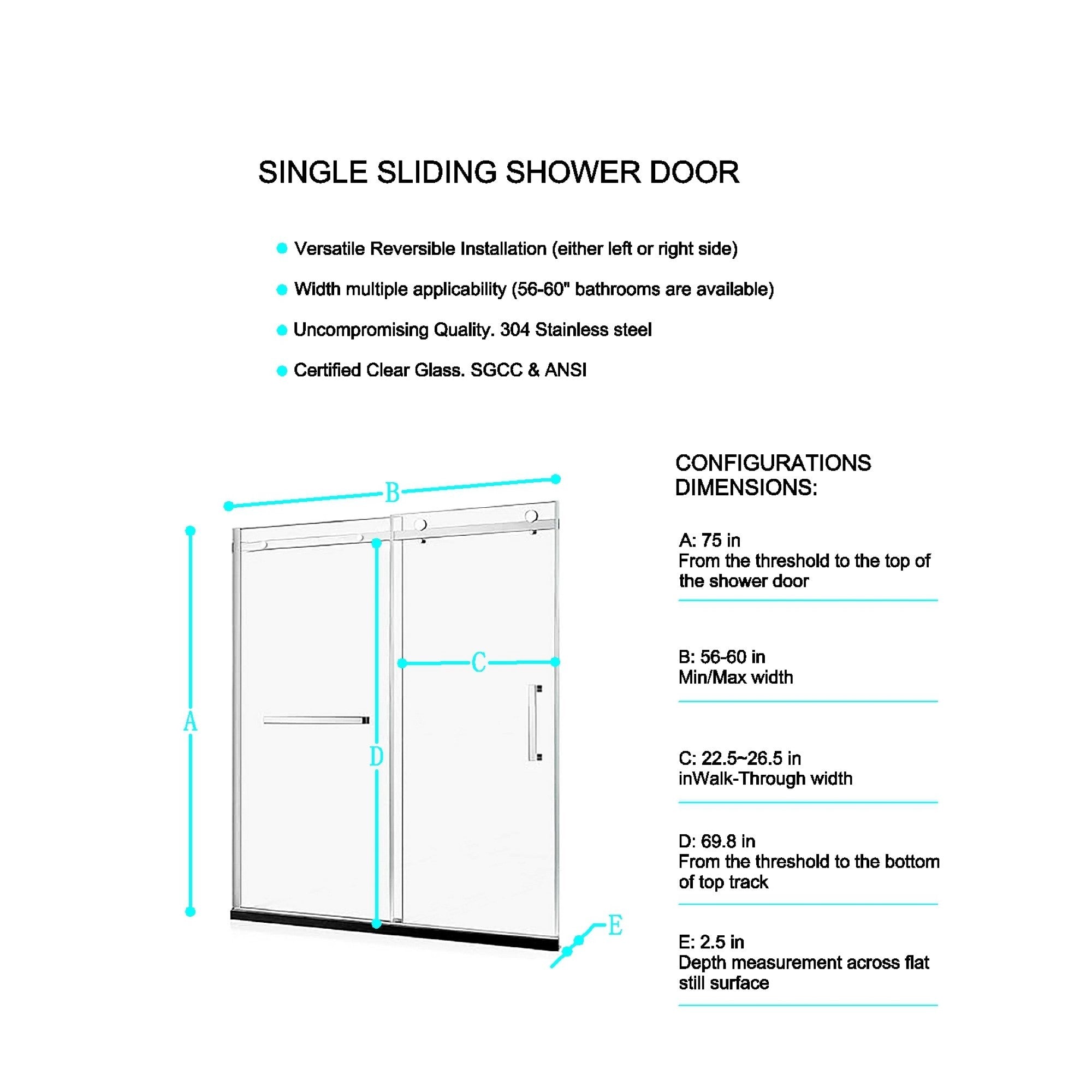 KZG 56-60 in. semi-frame sliding shower door in matte black with tempered glass — image 2