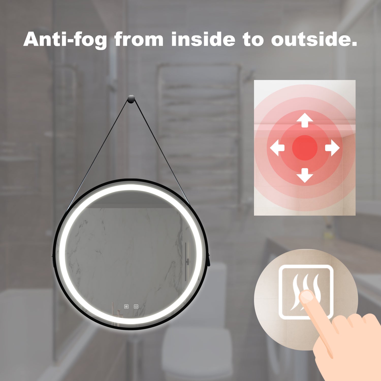 KZG 32-inch square LED vanity mirror with black aluminum frame and dimmable backlight — image 7