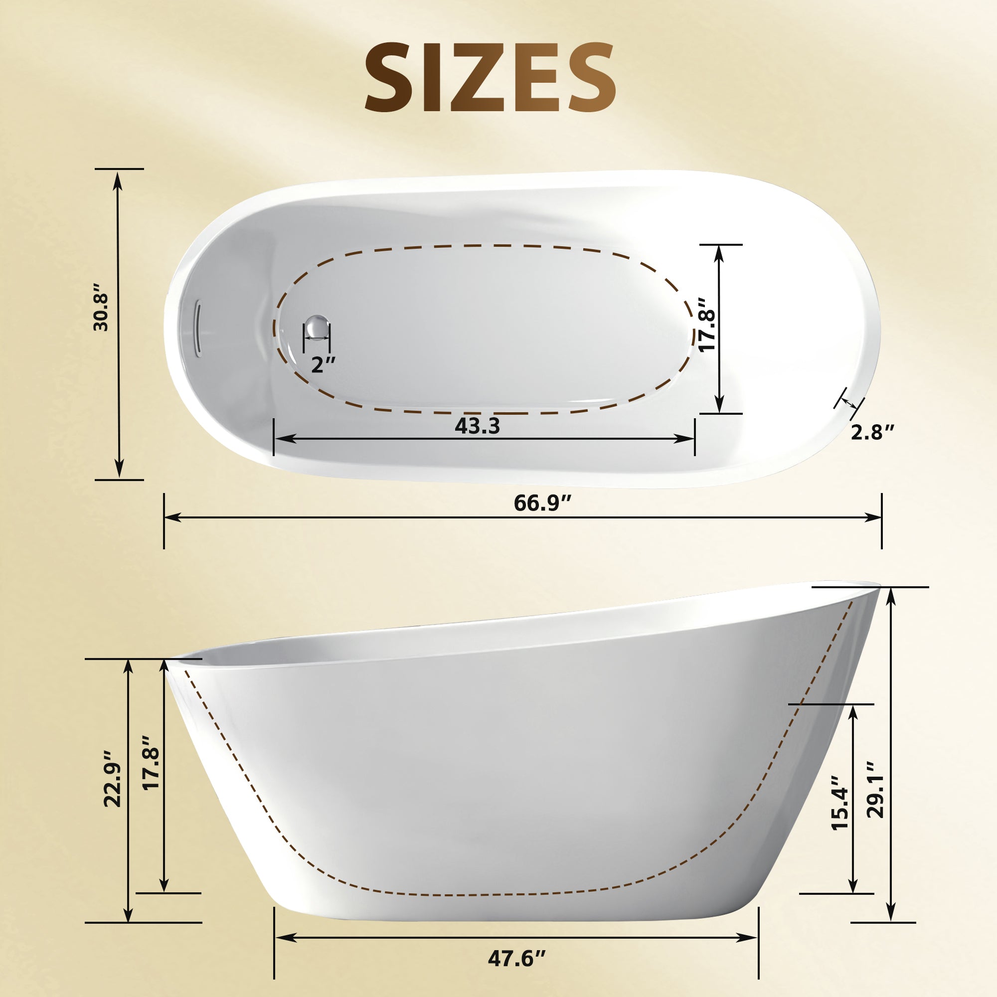 KZG 67 in. freestanding slipper bathtub in gloss white acrylic with chrome overflow and pop-up drain — image 3