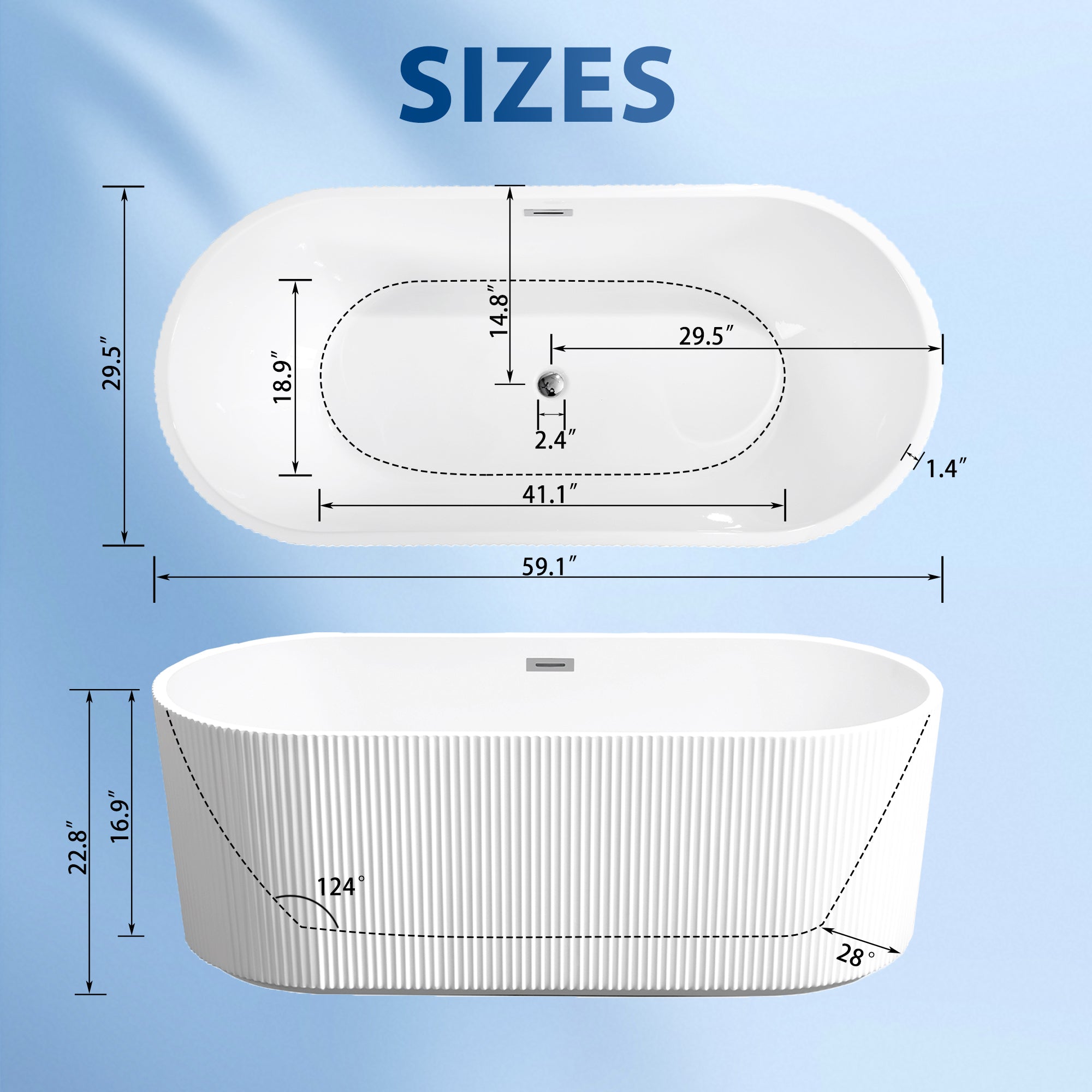 KZG 59 in. linear freestanding acrylic soaker tub in glossy white with chrome pop-up drain — image 3