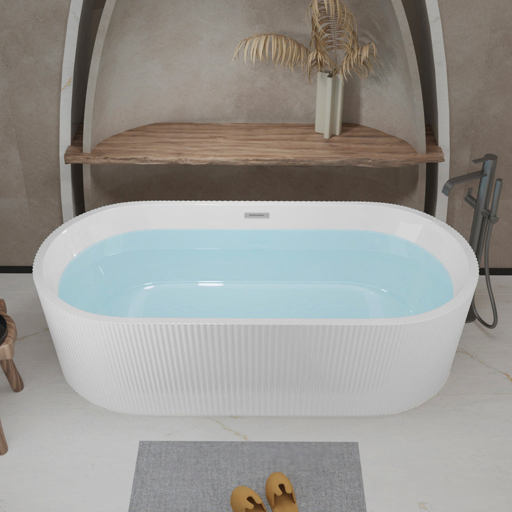 KZG 59 in. linear freestanding acrylic soaker tub in glossy white with chrome pop-up drain — image 7