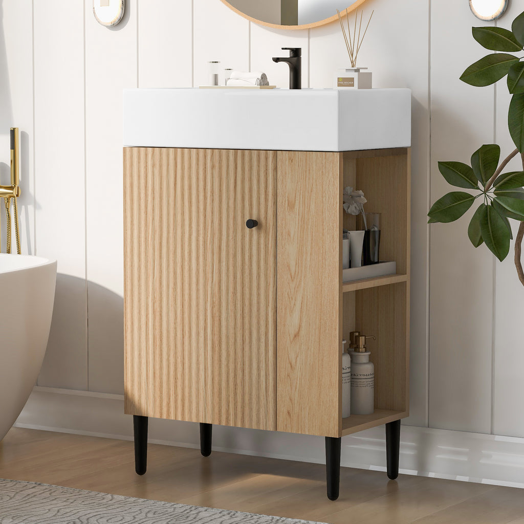 KZG modern wood bathroom vanity with ceramic sink and gold legs, right-side storage — image 4