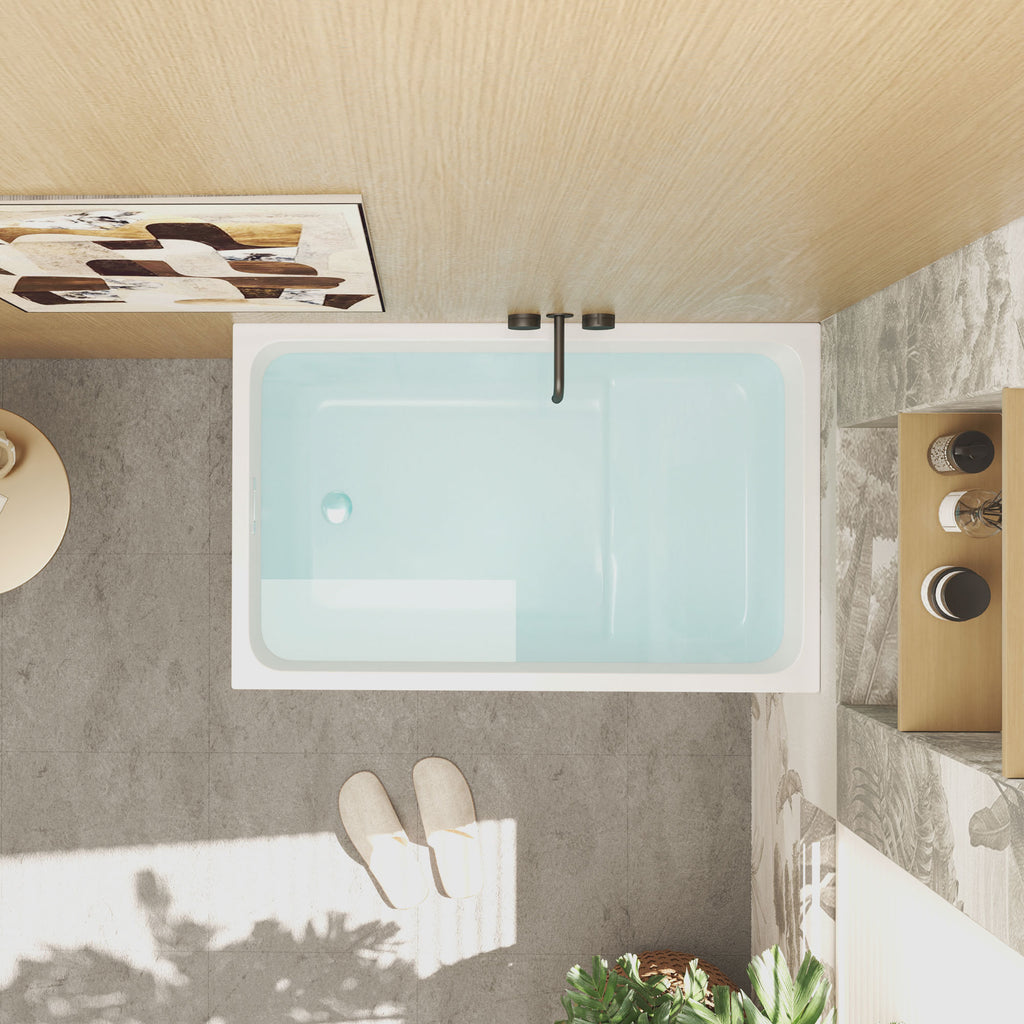 KZG 43 in. gloss white acrylic freestanding soaking bathtub with built-in seat and chrome hardware — image 7