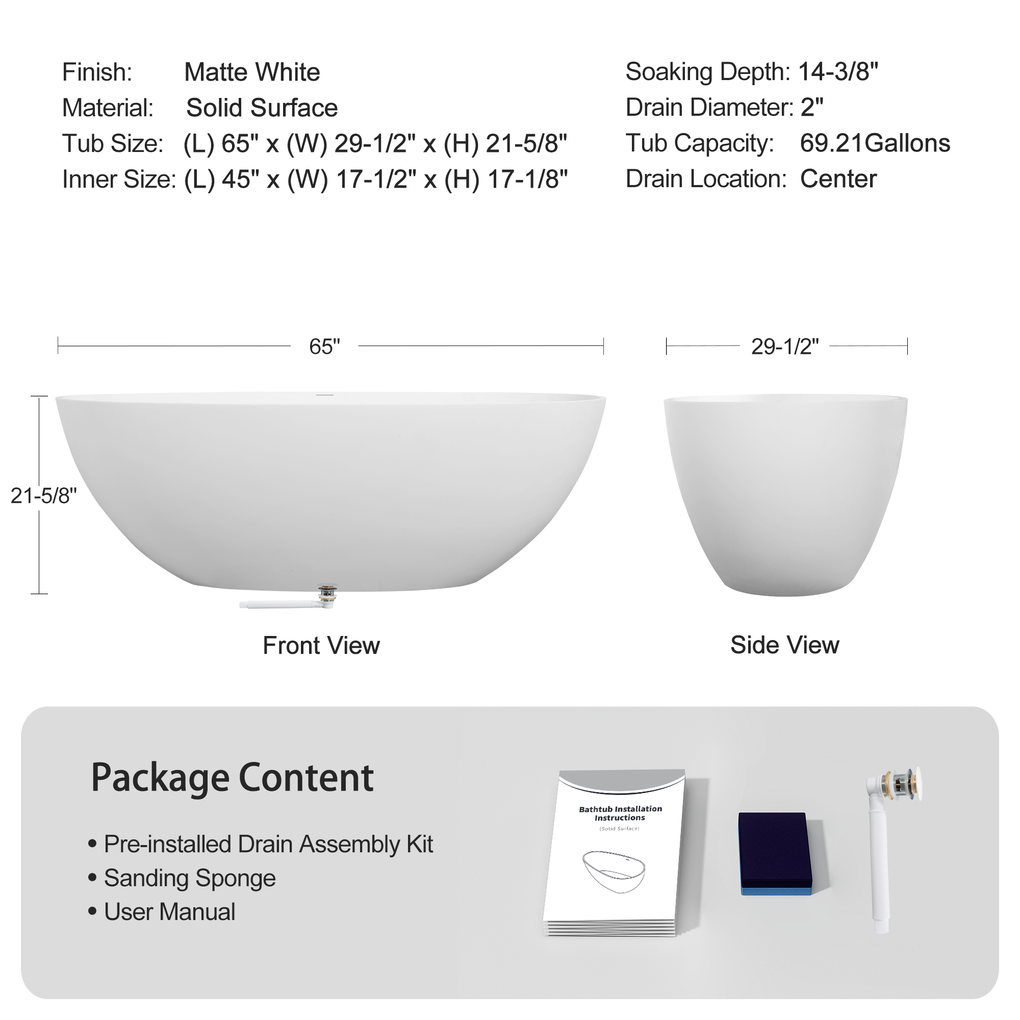 KZG 65in. freestanding soaking bathtub in matte white solid surface with overflow and pop-up drain — image 2