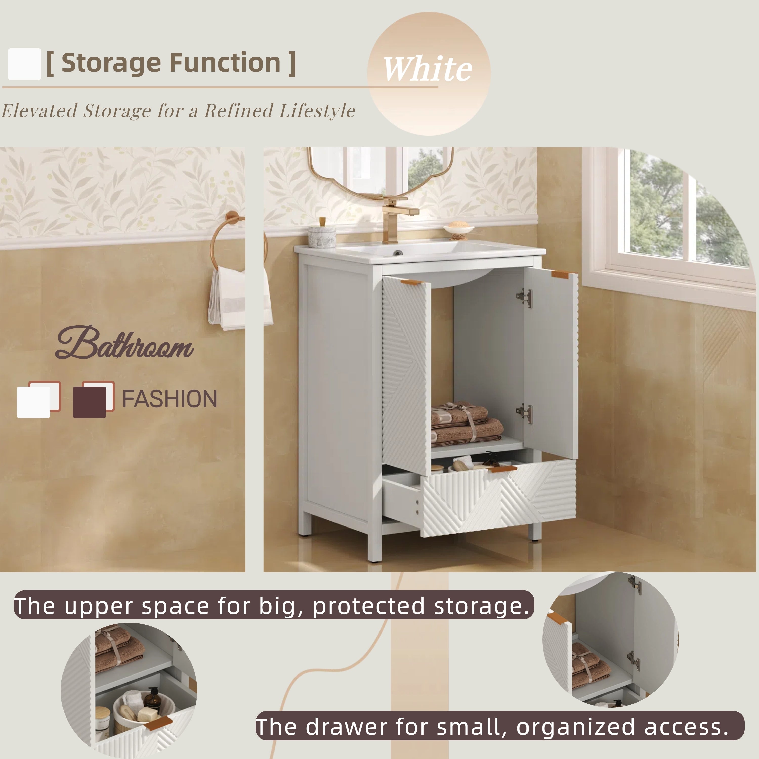 KZG 24-inch modern white bathroom vanity with ceramic undermount sink and soft-close drawer — image 7