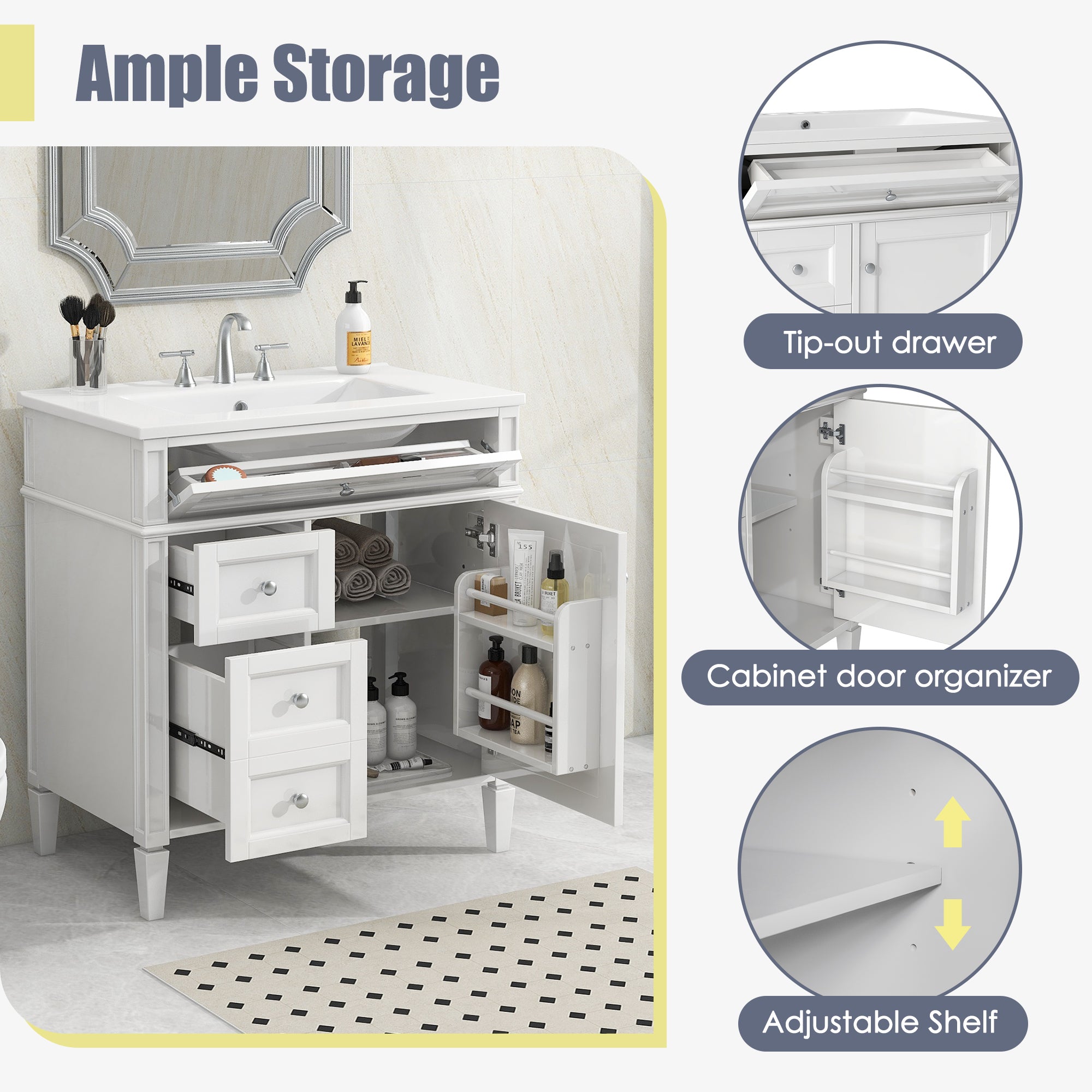 White ceramic bathroom vanity with drawers — 30 inch — image 7