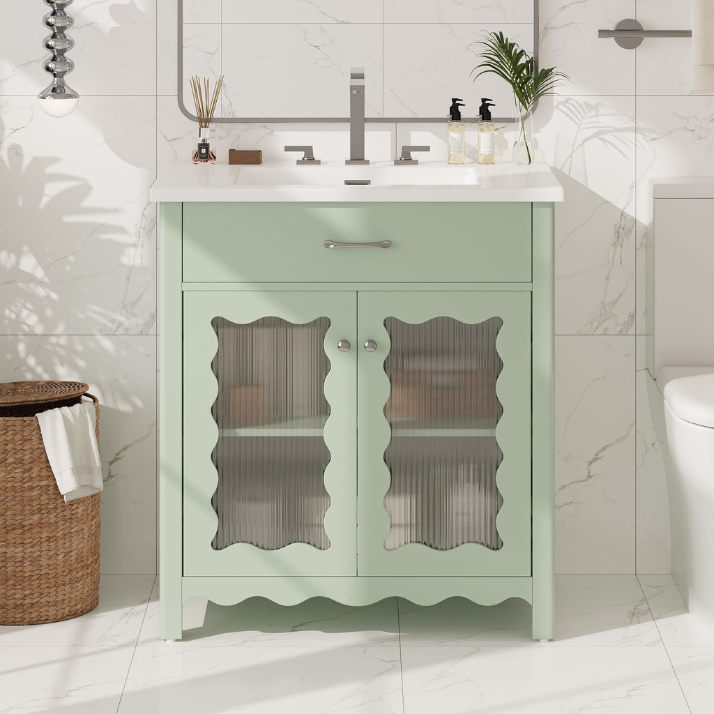 KZG modern green bathroom vanity 31 in. with tempered glass doors and rubber wood legs — image 2