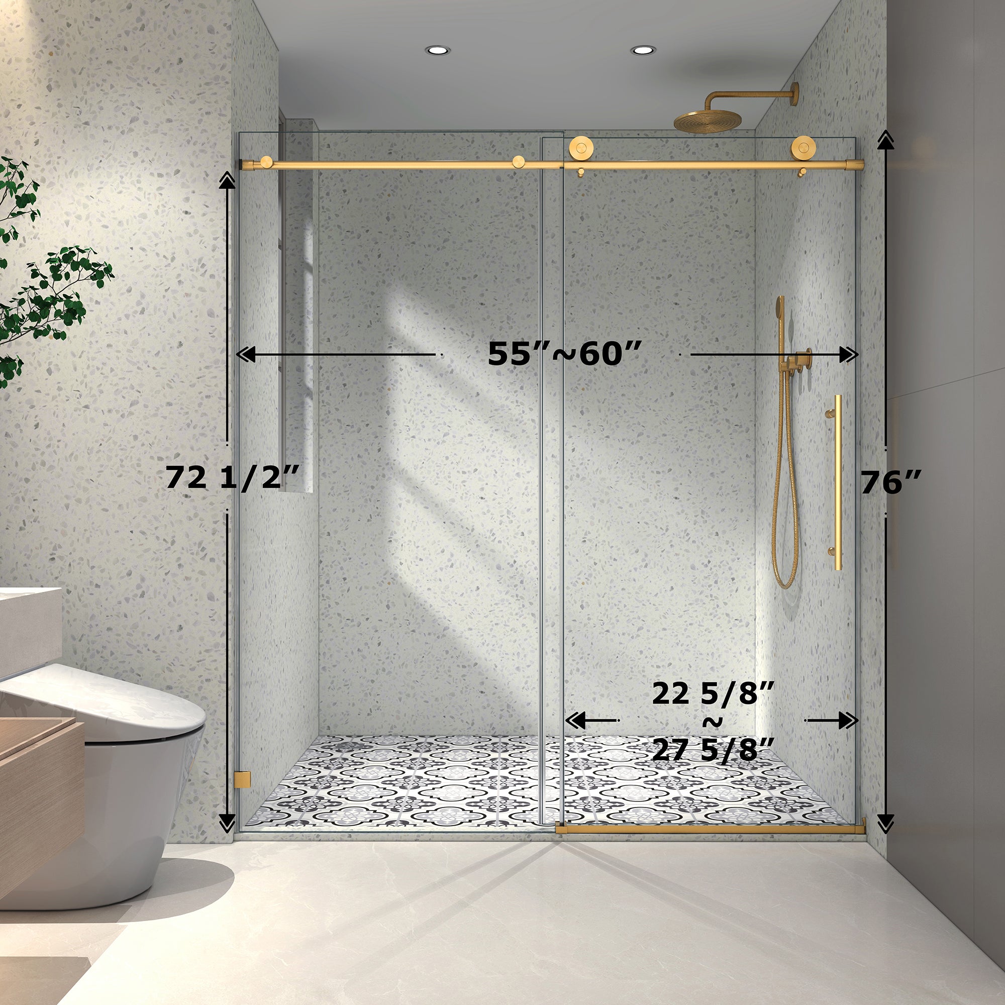 Brushed gold frameless sliding shower door with soft-close hardware — image 7