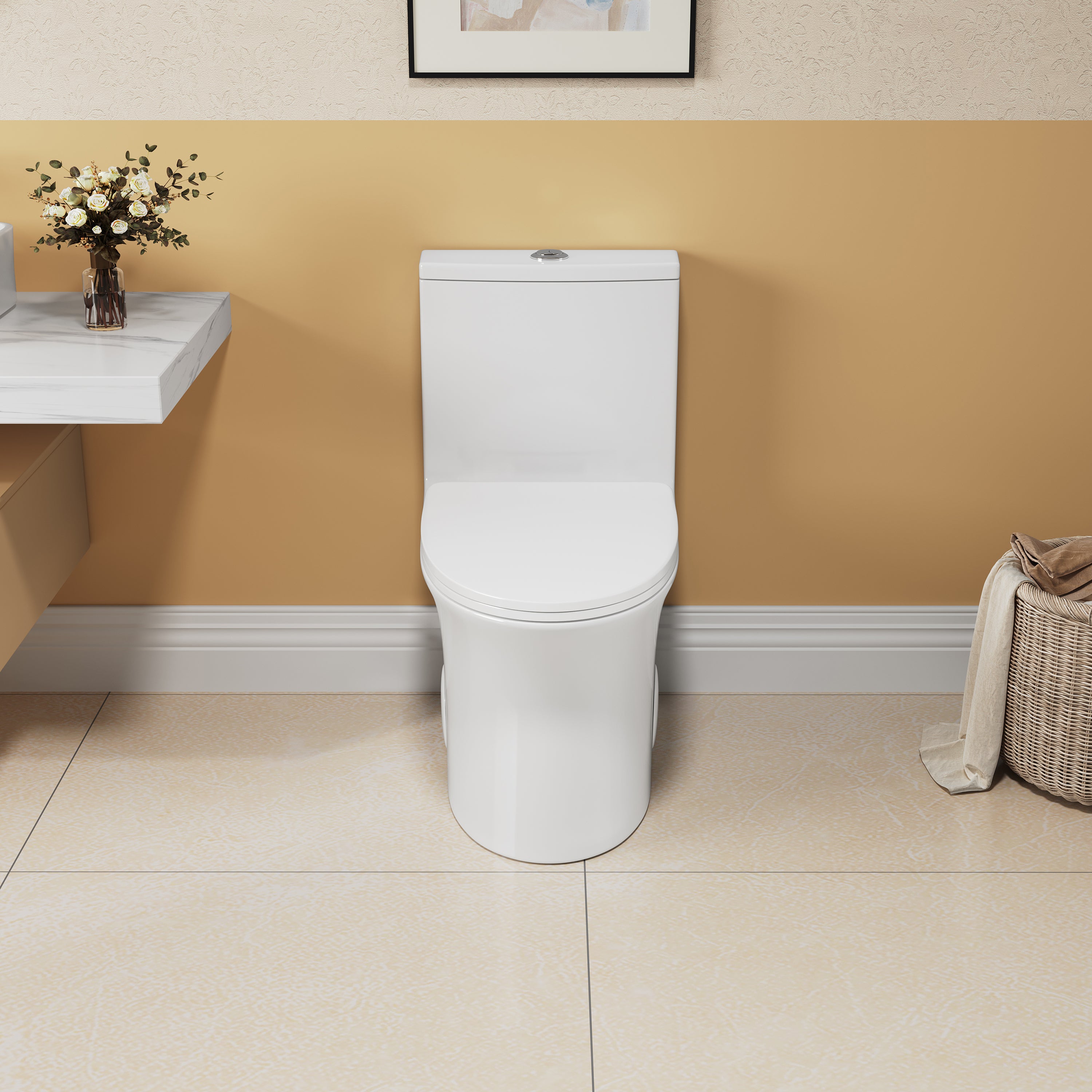 White elongated comfort height one-piece ceramic toilet with skirted design — image 2