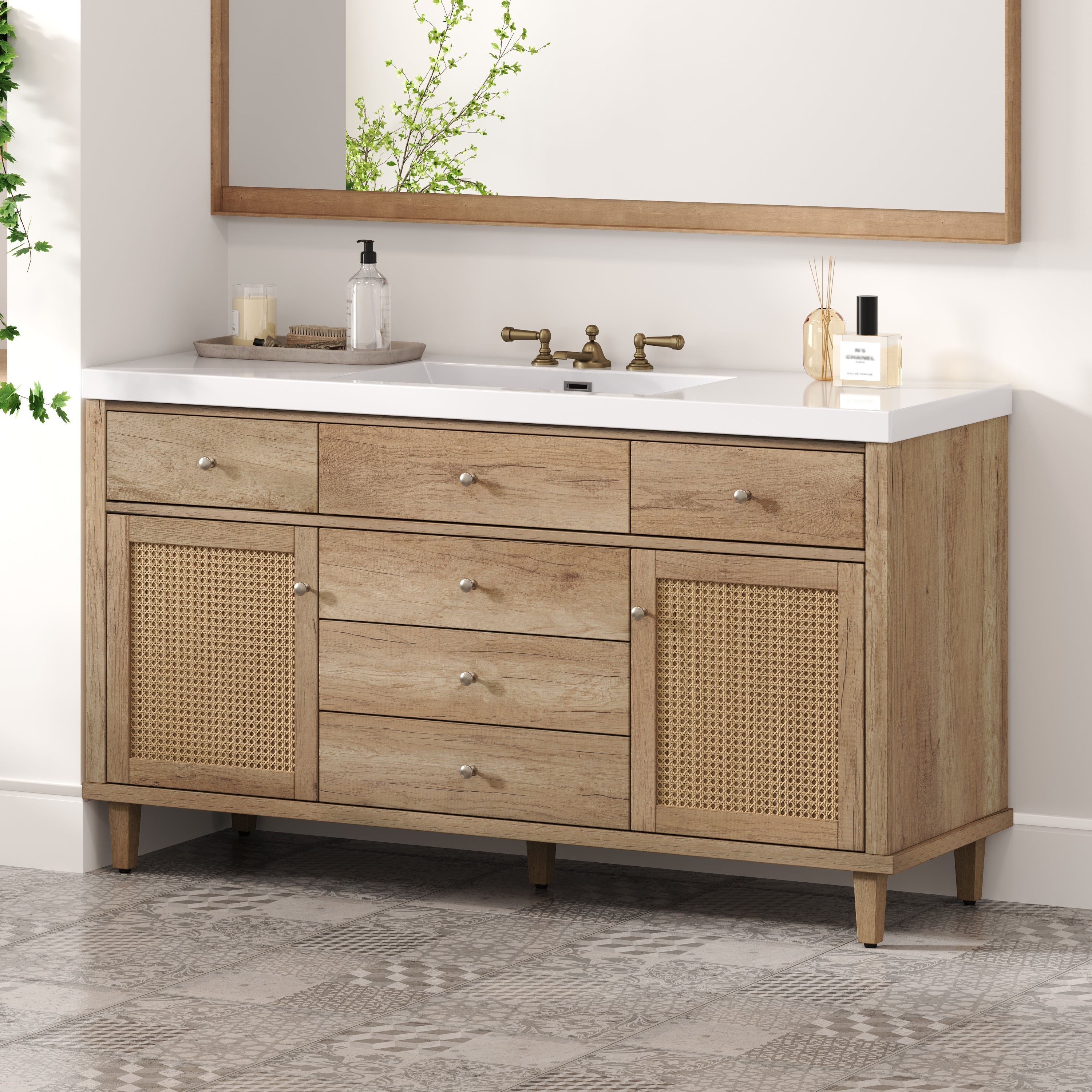 Natural wood grain bathroom vanity with SMC sink and rattan doors — image 5