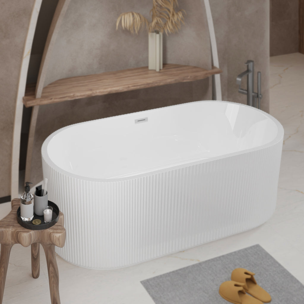 KZG 67-inch linear freestanding acrylic soaking tub in glossy white with chrome toe-tap drain — image 4