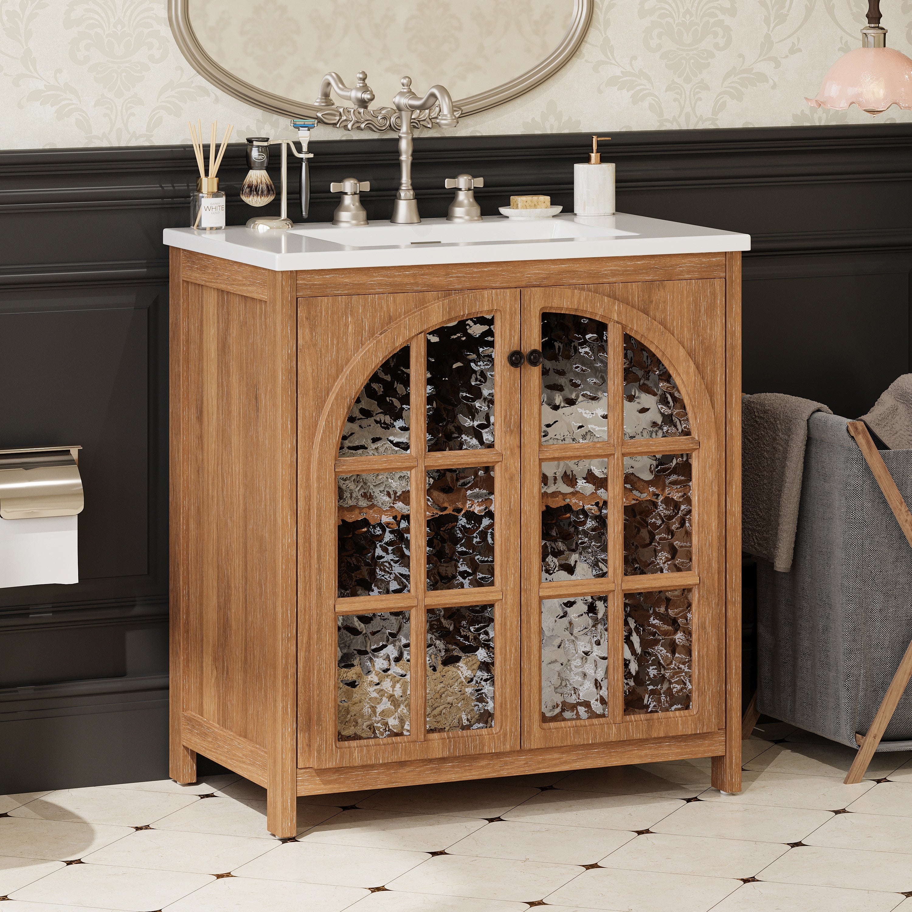 KZG 31 inch vintage rustic bathroom vanity with ceramic sink in antique natural finish — image 4