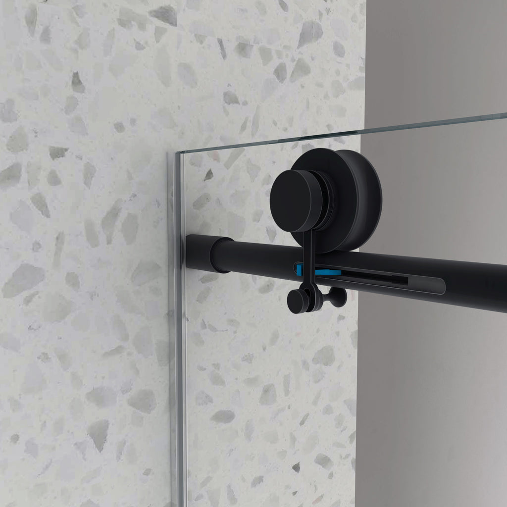 KZG matte black frameless sliding shower door with adjustable soft-close pulleys — image 5