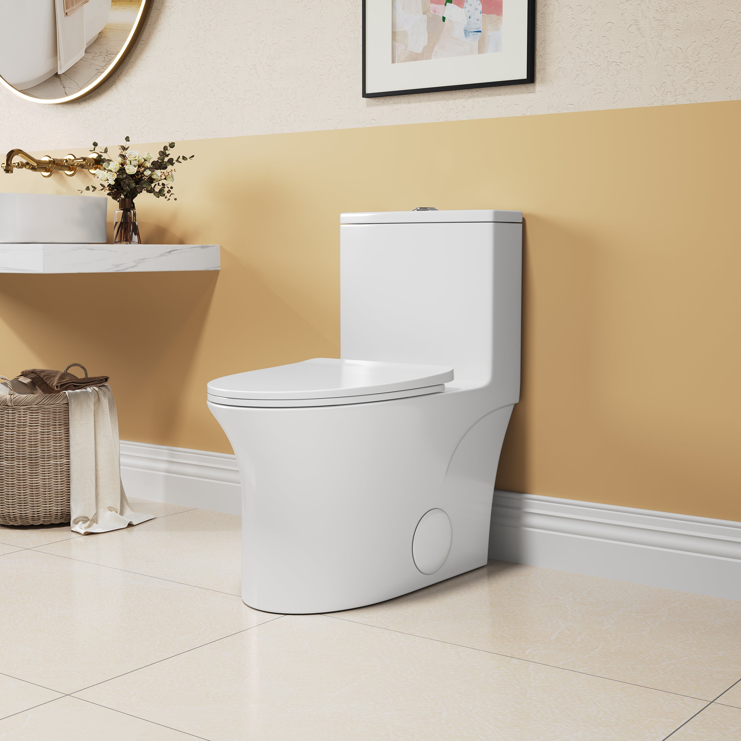 White elongated comfort height one-piece ceramic toilet with skirted design — image 5