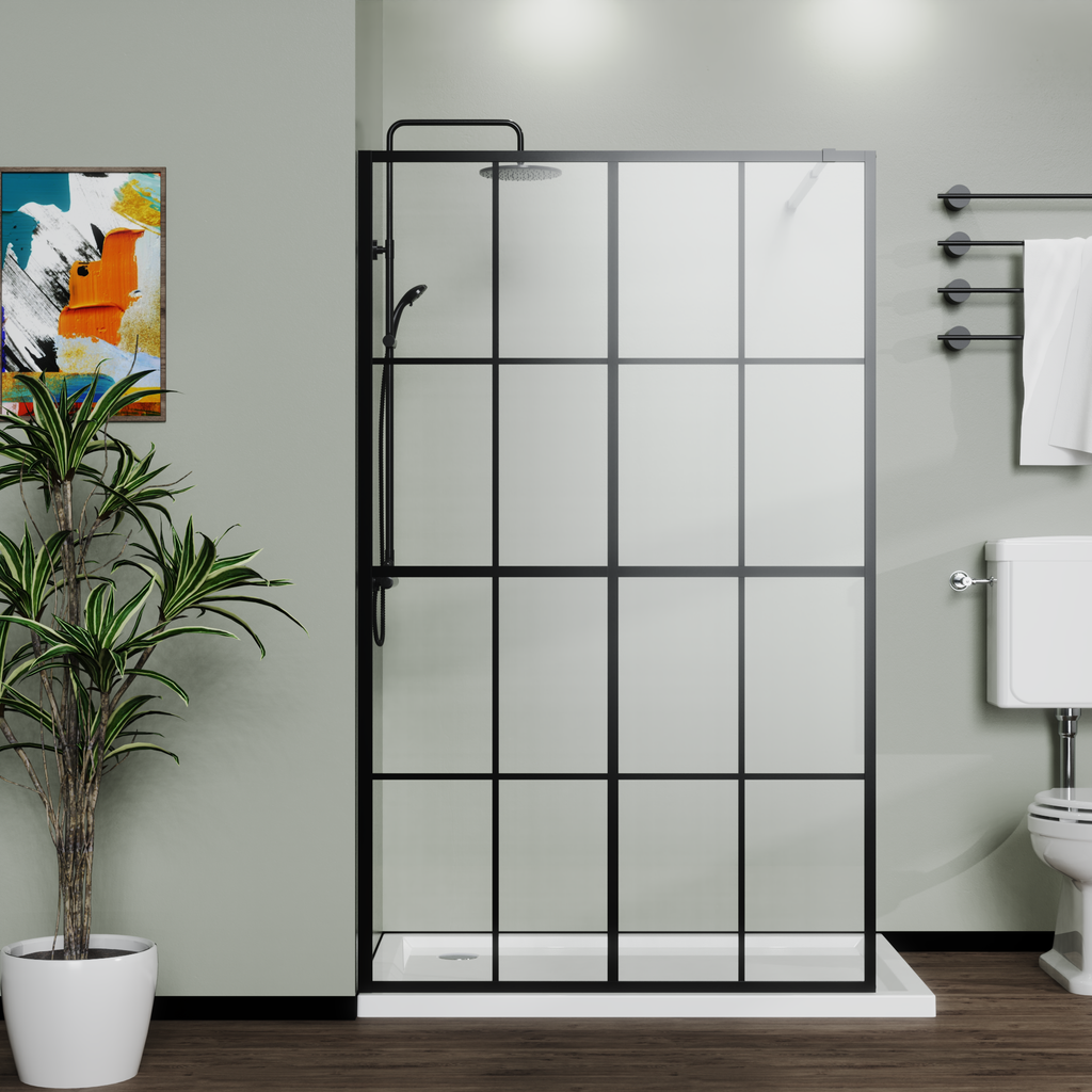 Matte black aluminum walk-in shower screen panel, 46 in. wide × 72 in. tall — image 1