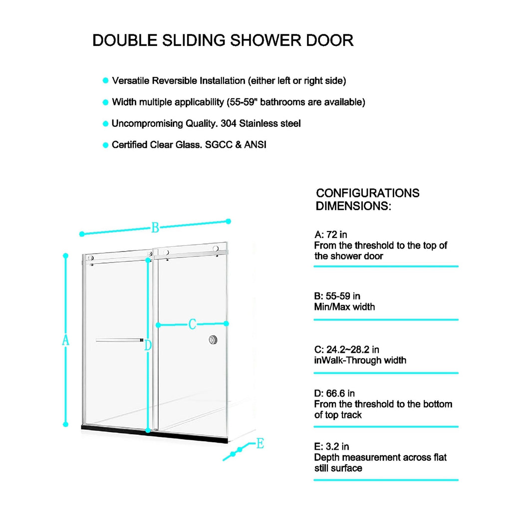 KZG 55-59 inch frameless double sliding shower door in matte black with tempered glass — image 2