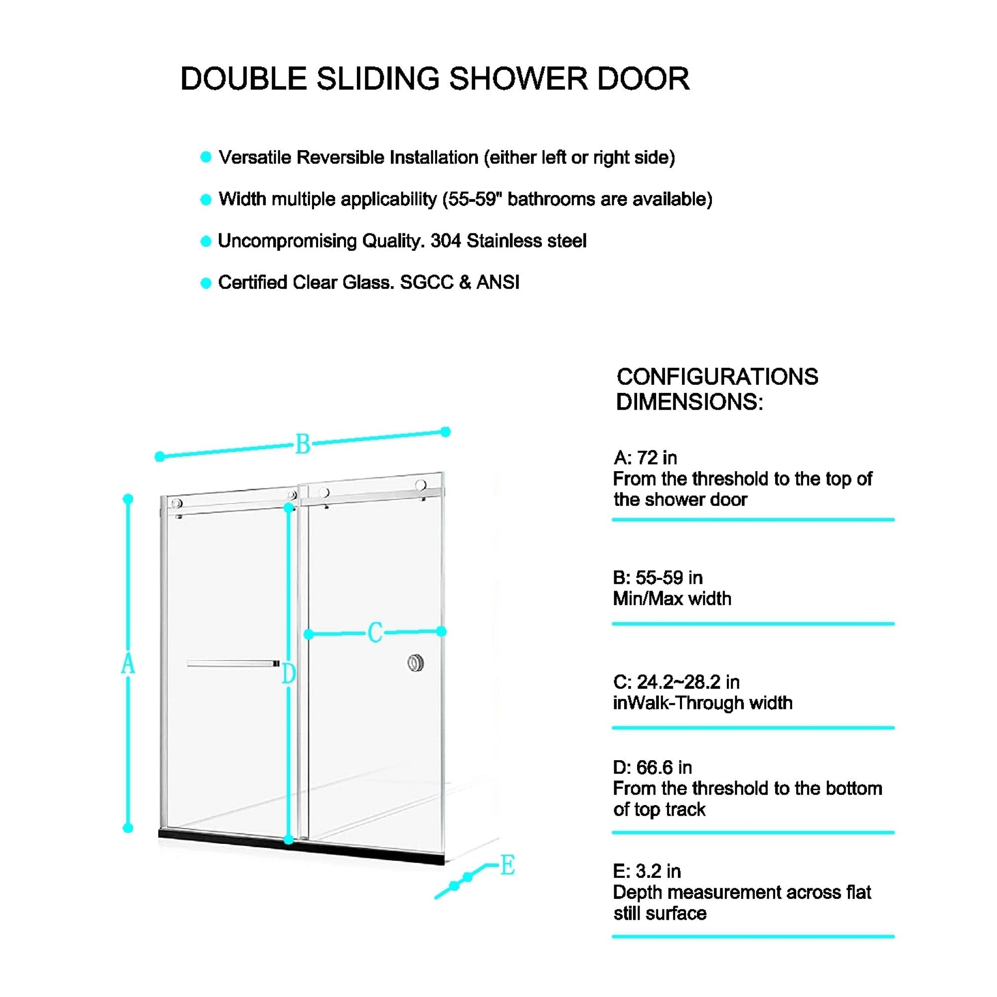 KZG 55-59 inch frameless double sliding shower door in matte black with tempered glass — image 2
