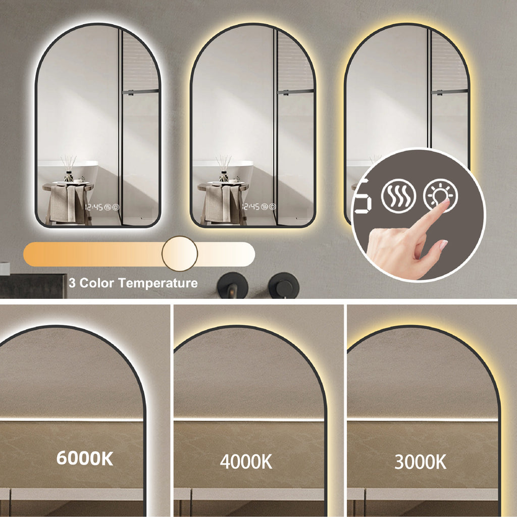 KZG Modern Black Arched LED Bathroom Mirror, 28in. x 48in., with dimmable lighting and time/temperature display — image 7