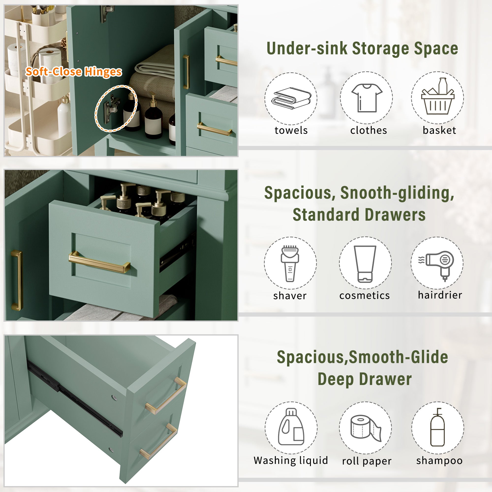 KZG 30-inch modern light green bathroom vanity with ceramic sink and soft-close doors — image 7