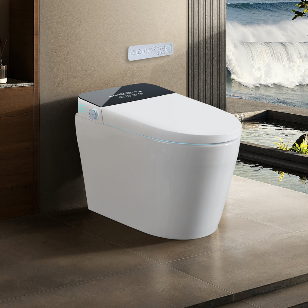 KZG tankless smart toilet with built-in bidet, heated seat, and remote control in white ceramic — image 2
