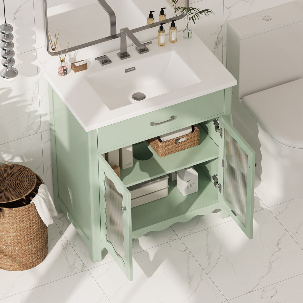 Green bathroom vanity with tempered glass doors and curved profile — image 5