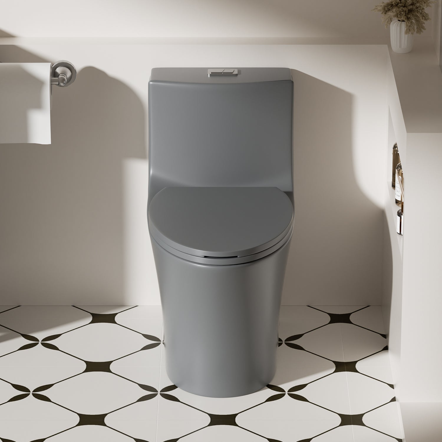 KZG light gray ceramic ADA-height one-piece toilet with tornado flush and soft-closing seat — image 4