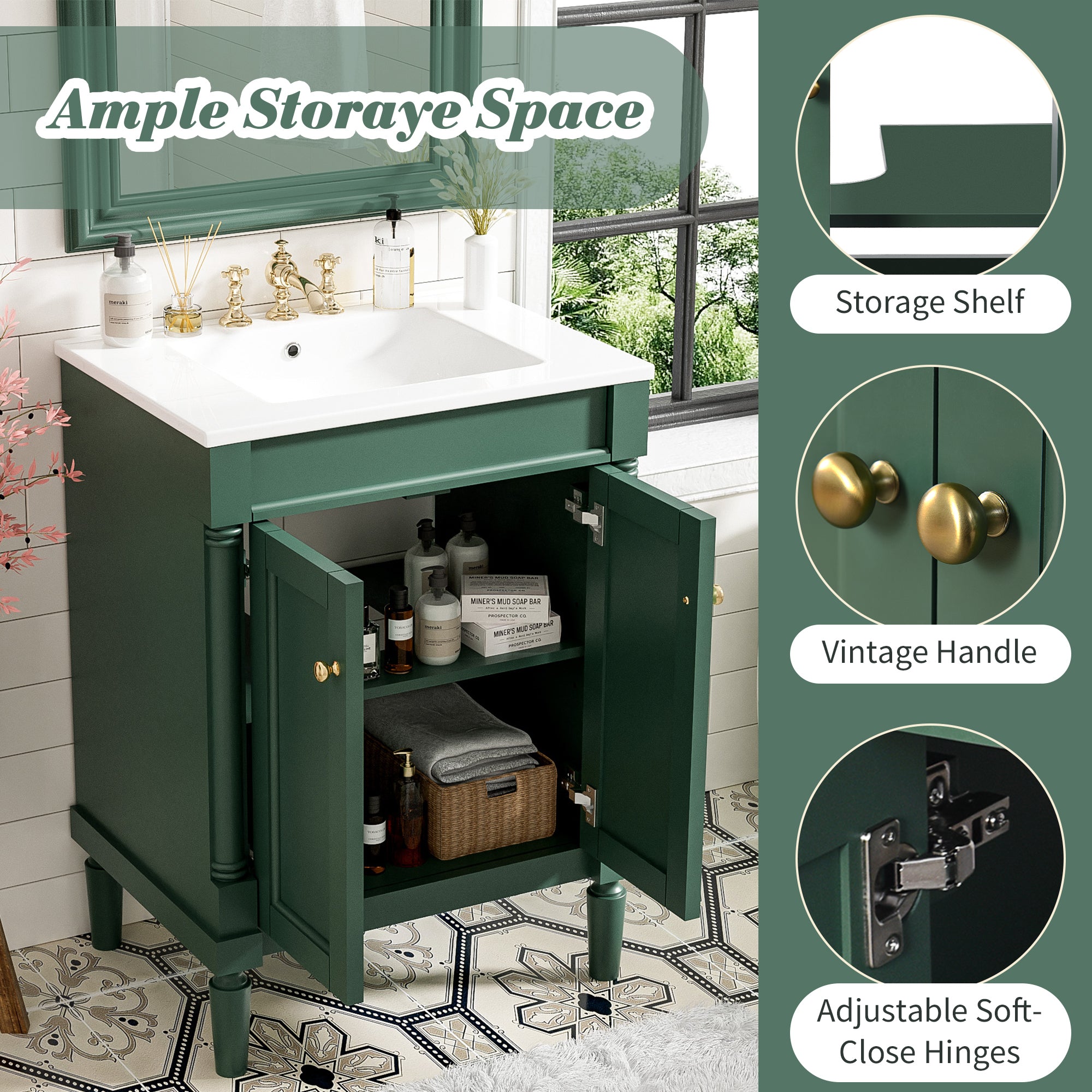 KZG 24-inch modern green bathroom vanity with ceramic basin and two-tier storage cabinet — image 7