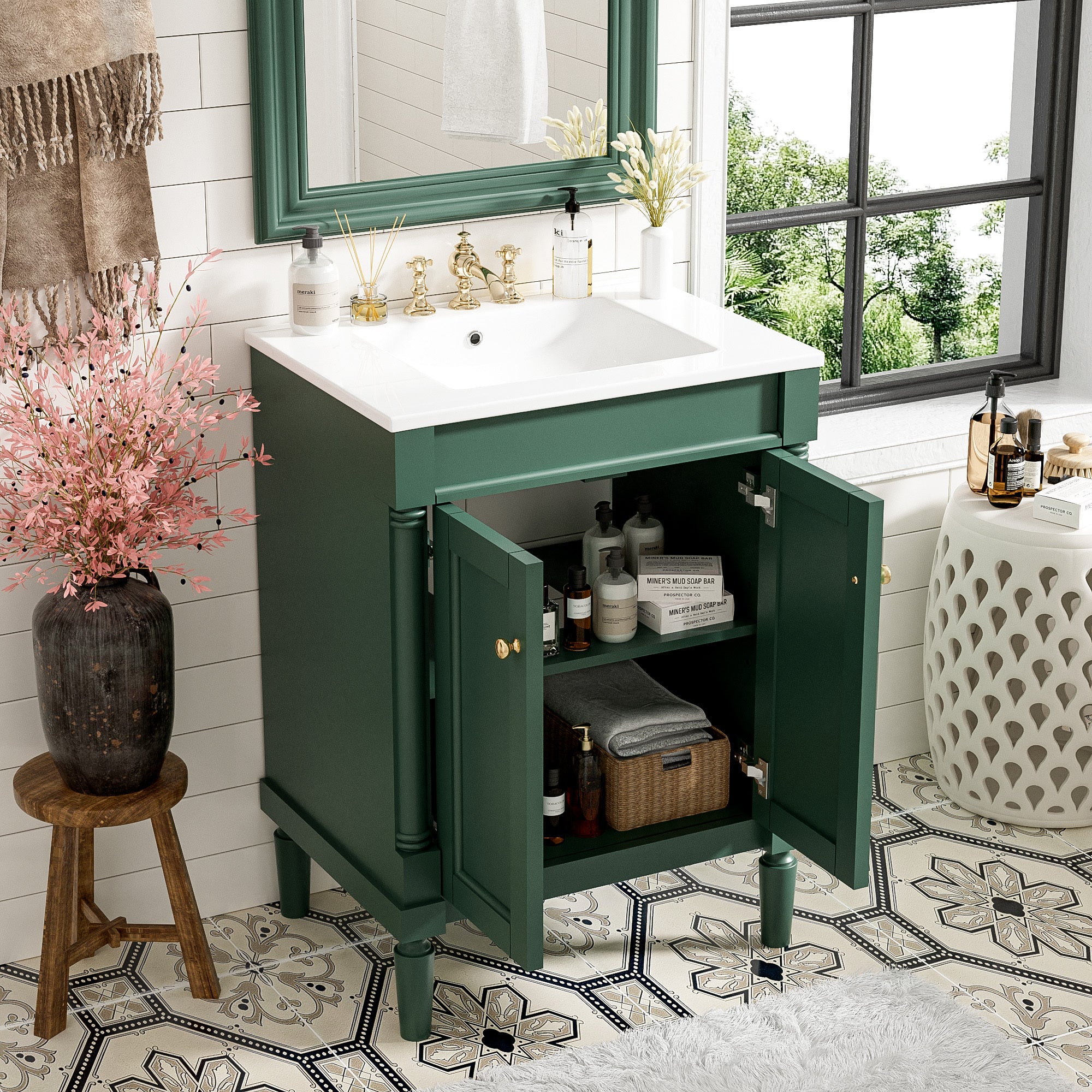 KZG 24-inch modern green bathroom vanity with ceramic basin and two-tier storage cabinet — image 6