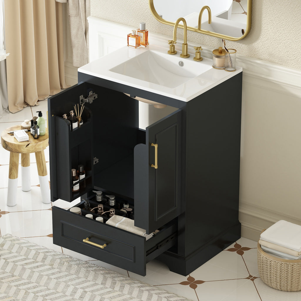 KZG 24-inch modern black bathroom vanity with ceramic sink and soft-close doors — image 2