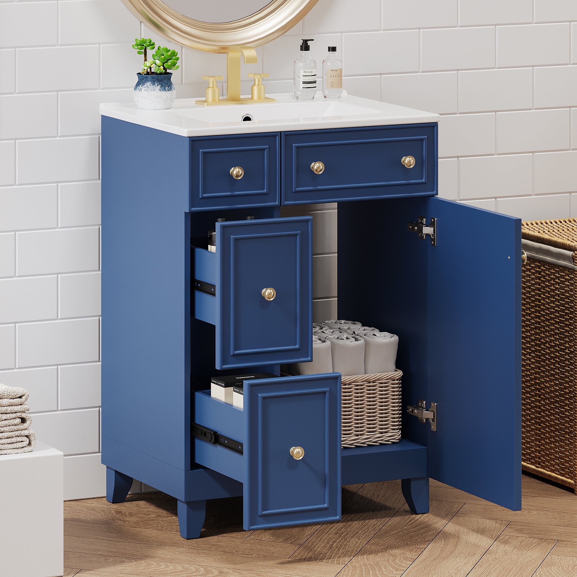 Blue vanity cabinet with ceramic sink, 24-inch width — image 5